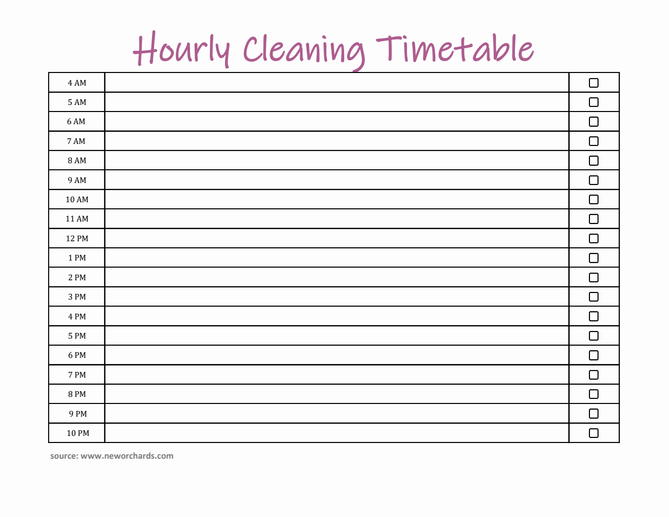 Hourly Cleaning Timetable Excel