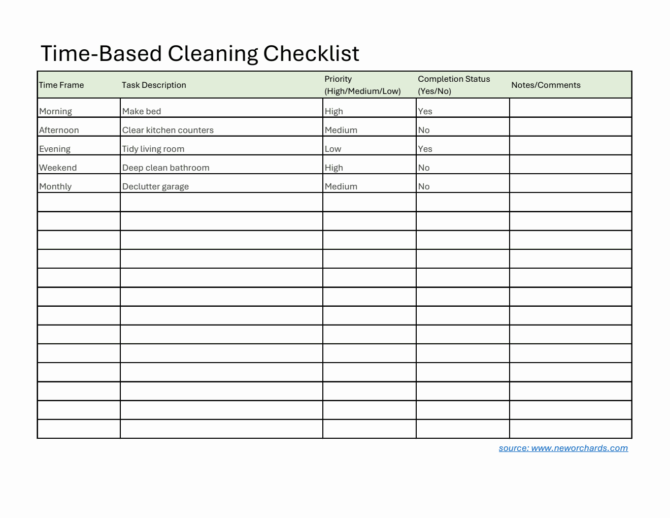 Free Cleaning Timetable Template in Excel