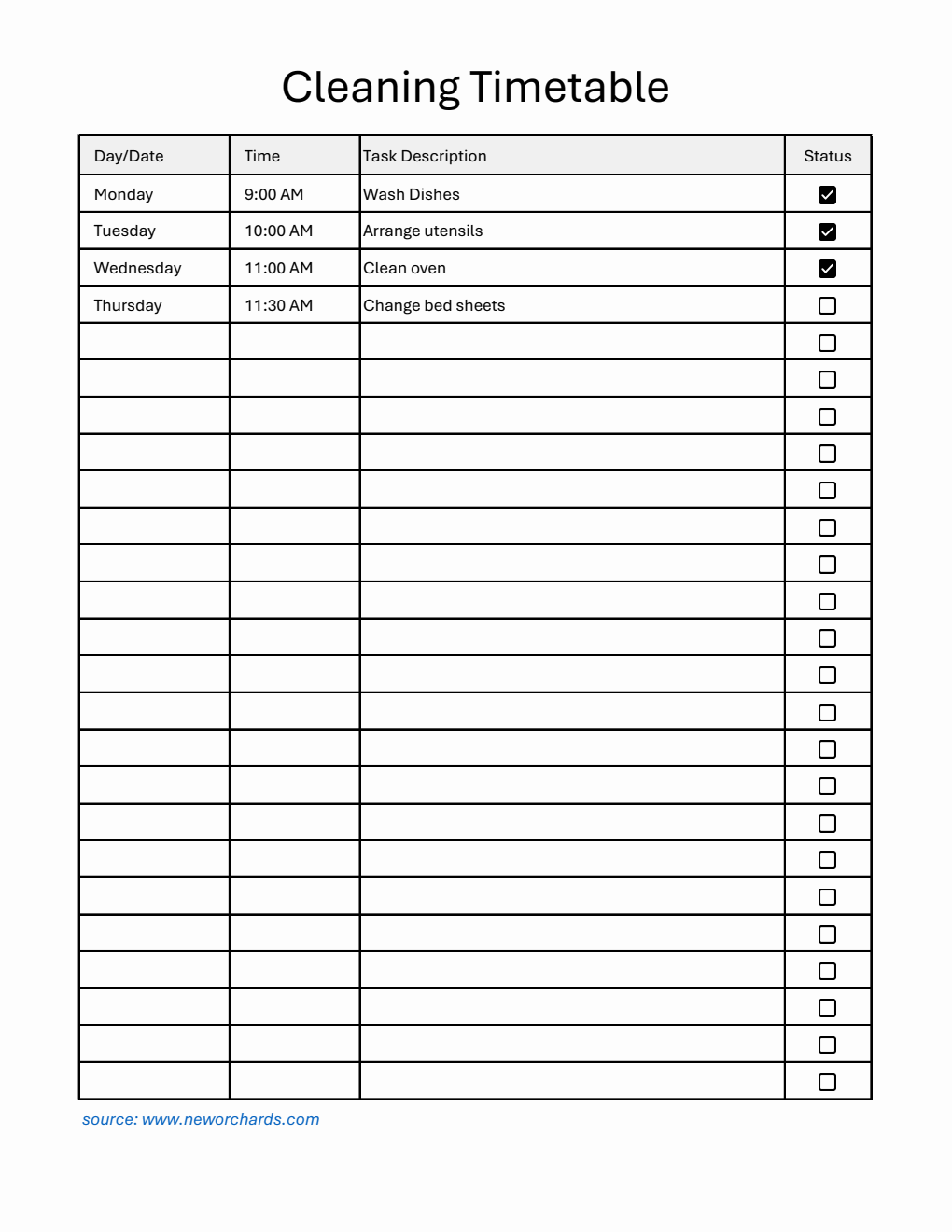 Cleaning Timetable Template in Excel