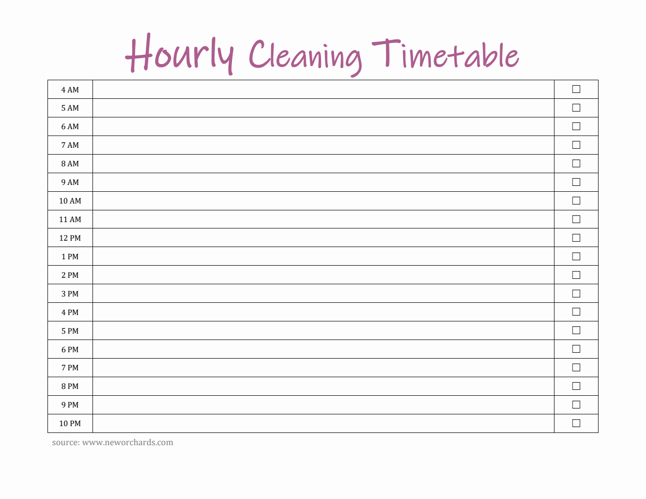 Hourly Cleaning Timetable Word