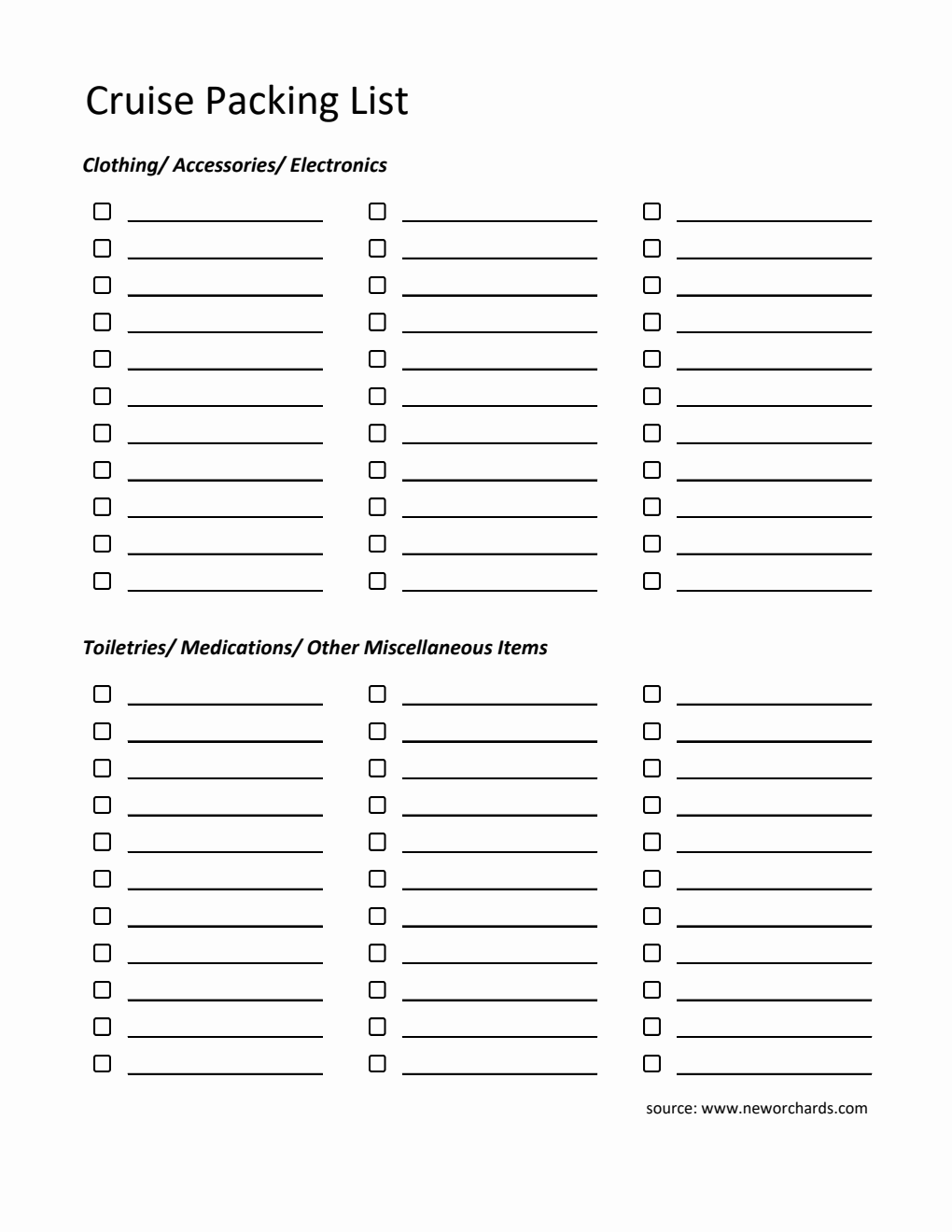 Free Cruise Packing Checklist  in Excel