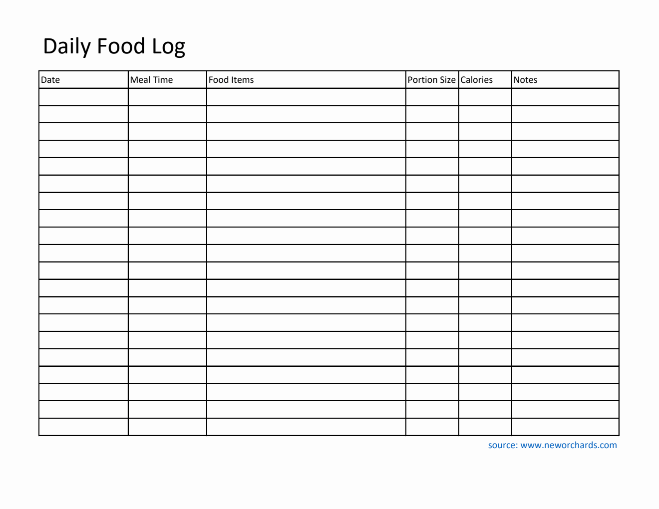 Daily Food Log Template in Excel