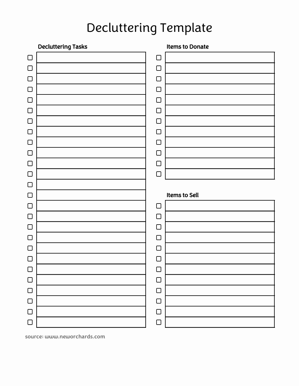 Blank Printable Decluttering Template in Excel