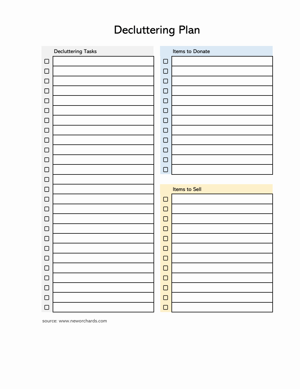 Blank  Decluttering Template in Excel