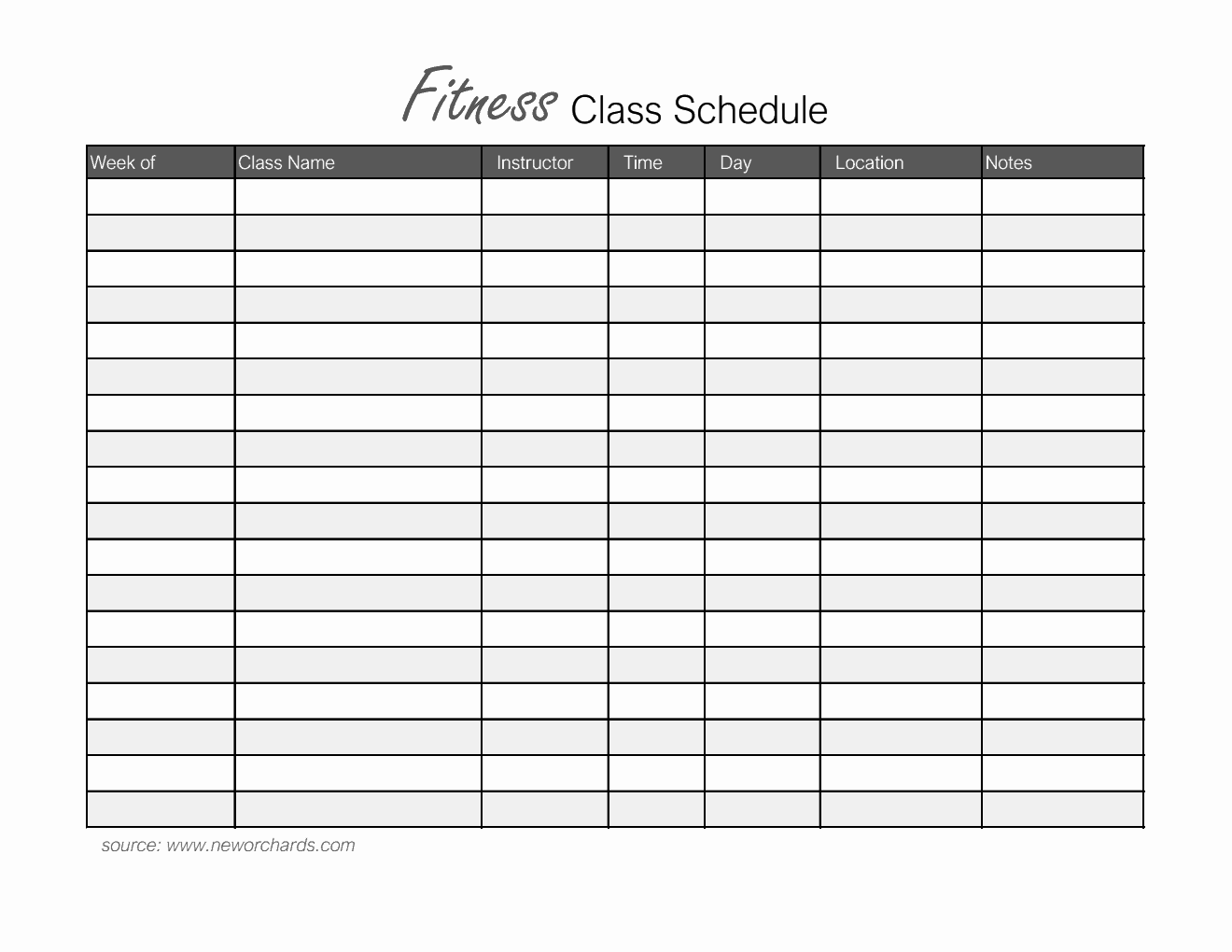 Editable  Fitness Class Schedule Template in Excel