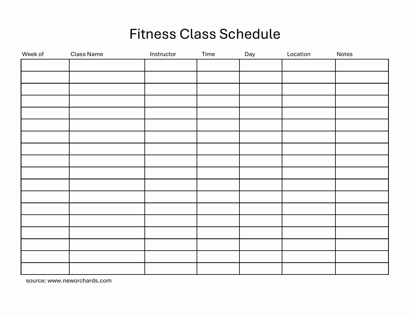 Printable  Fitness Class Schedule Template in Excel