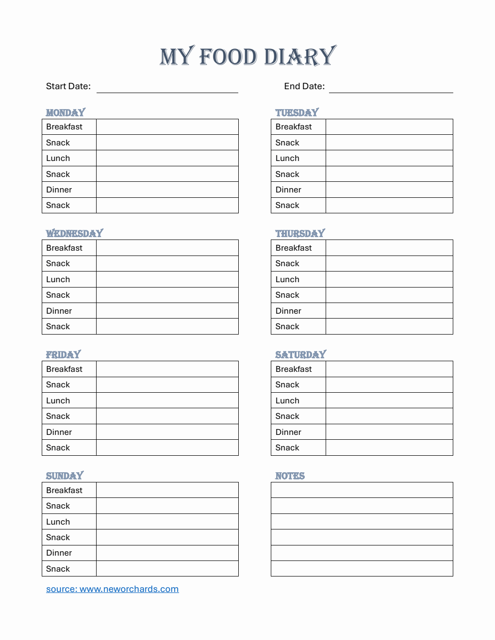 Food Diary Template Word