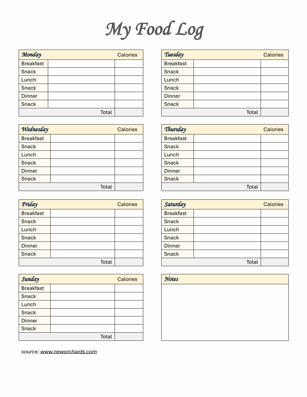 Food Log Template in Word