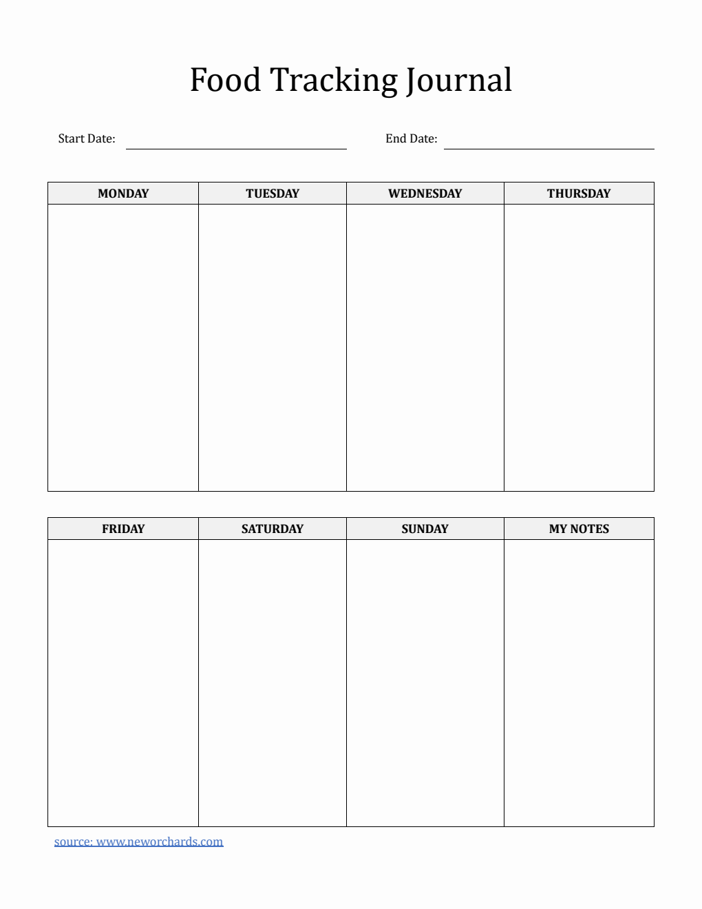Weekly Food Tracking Journal Template Word (Minimalist)