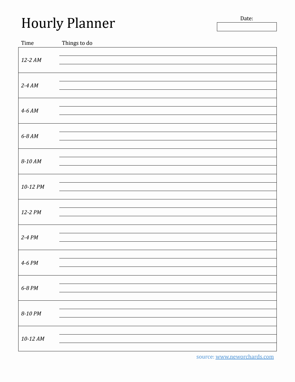 Free Printable Hourly Planner Template in Word