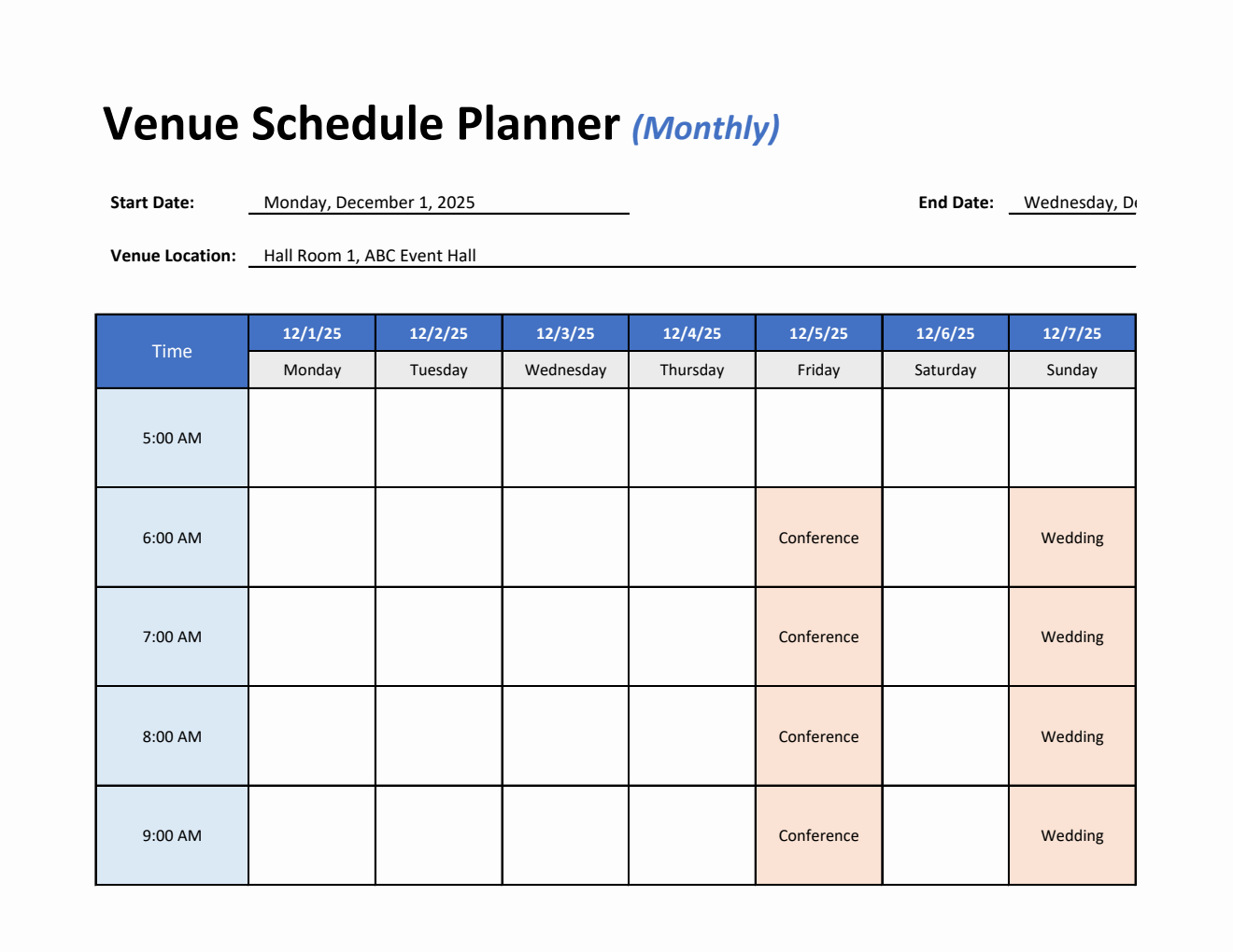 Venue Schedule Planner Template Excel