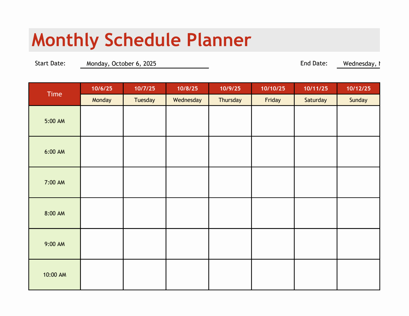 Schedule Planner Template Excel