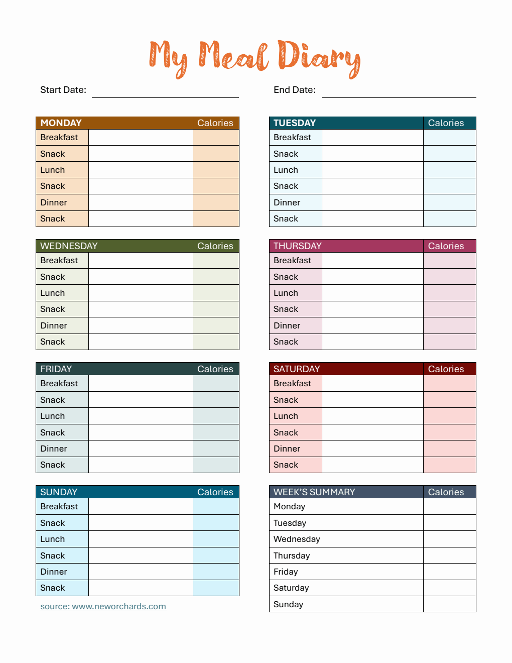Free  Meal Diary Template with Calorie Tracking Word
