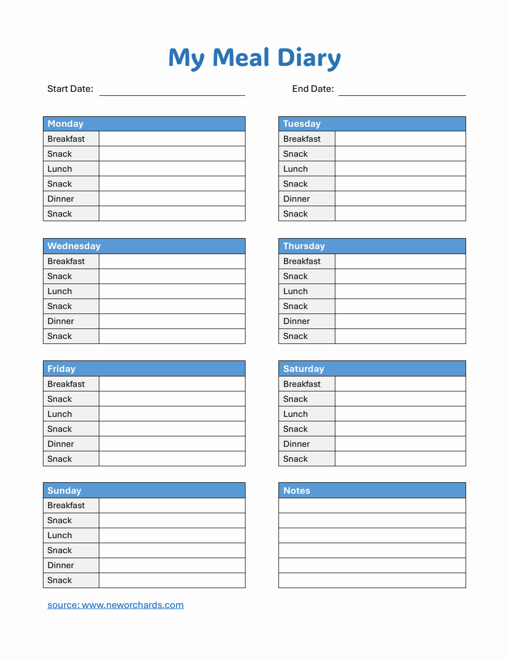 Free  Meal Diary Template Word
