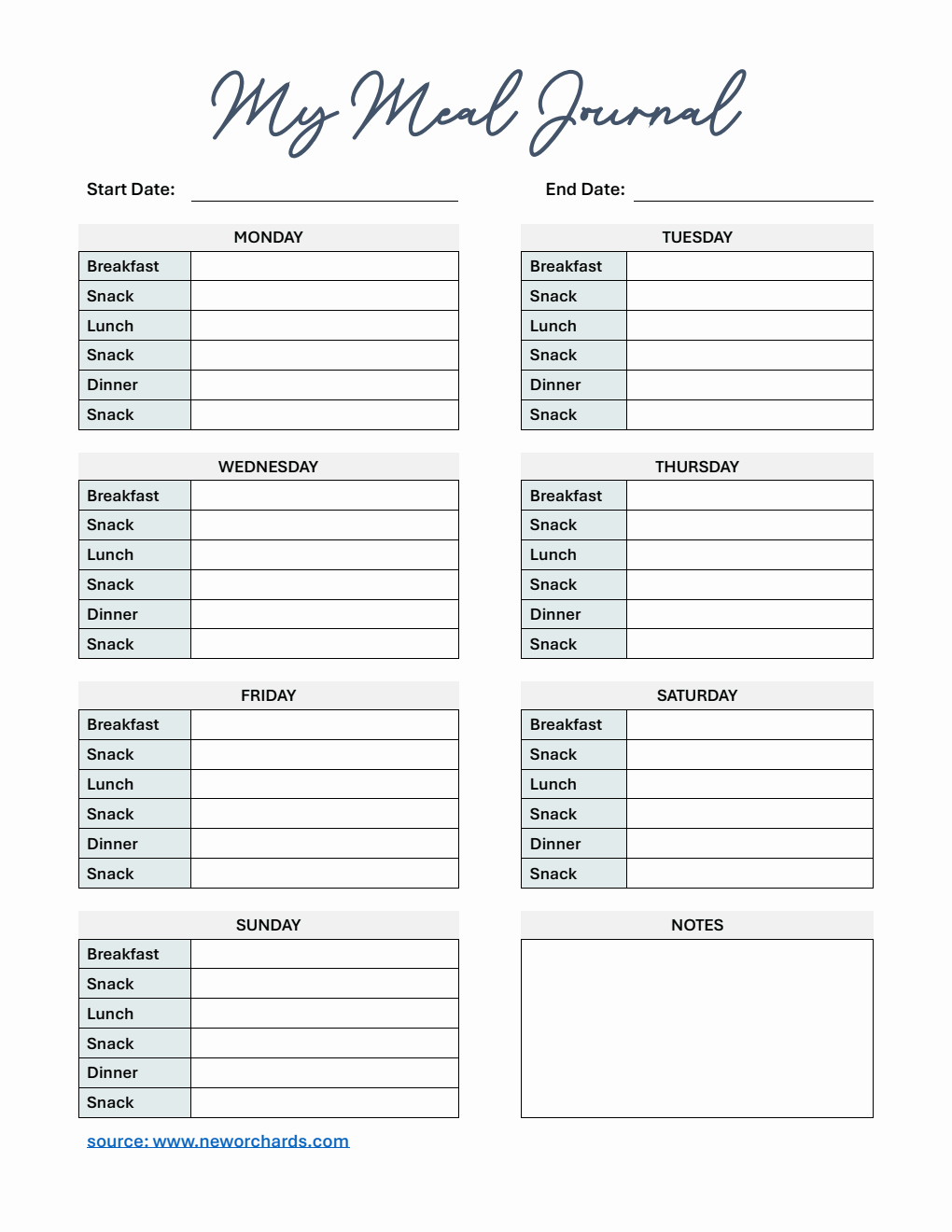 Editable Meal Journal Word Template