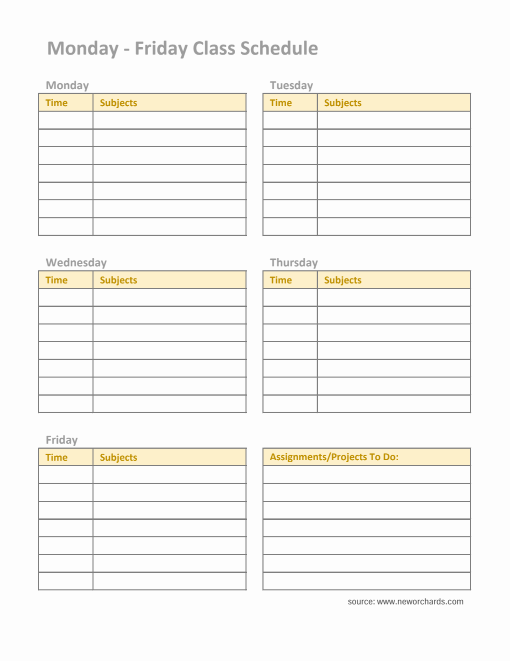 Monday to Friday Class Schedule Template with Assignment Tracker (Excel)