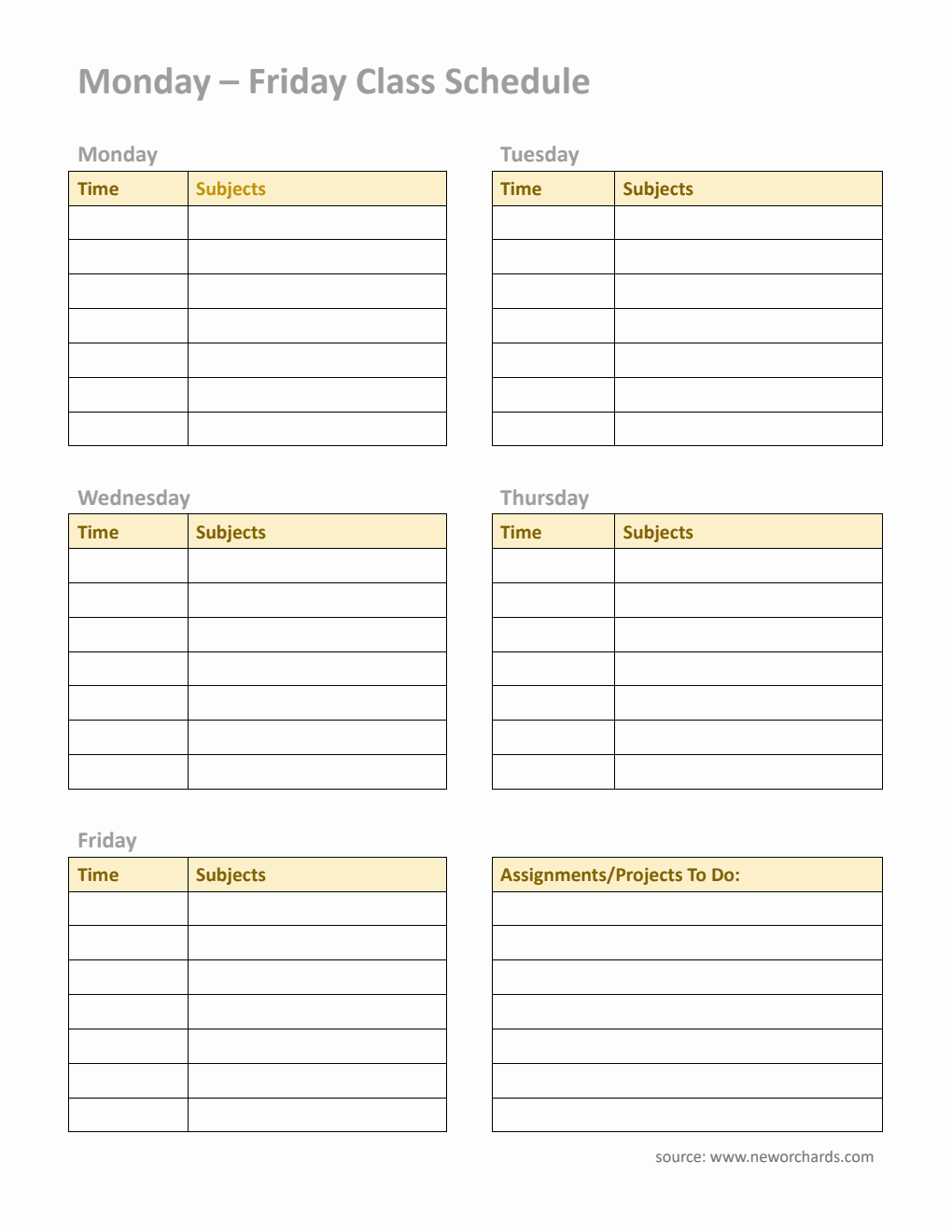 Monday to Friday Class Schedule Template with Assignment Tracker (PDF)