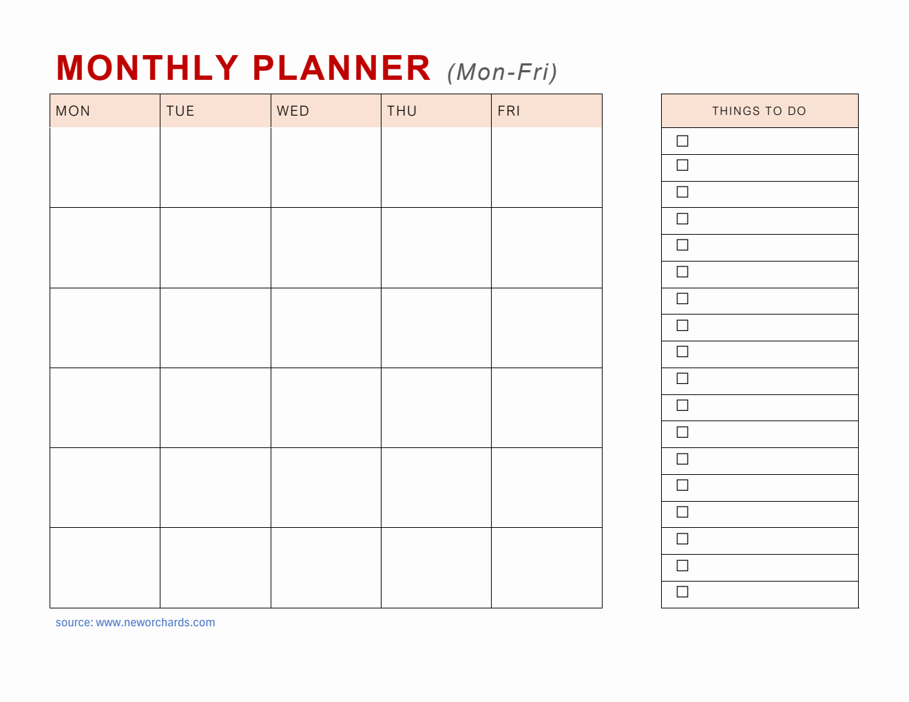 Monthly Planner (Monday to Friday) - Word Template