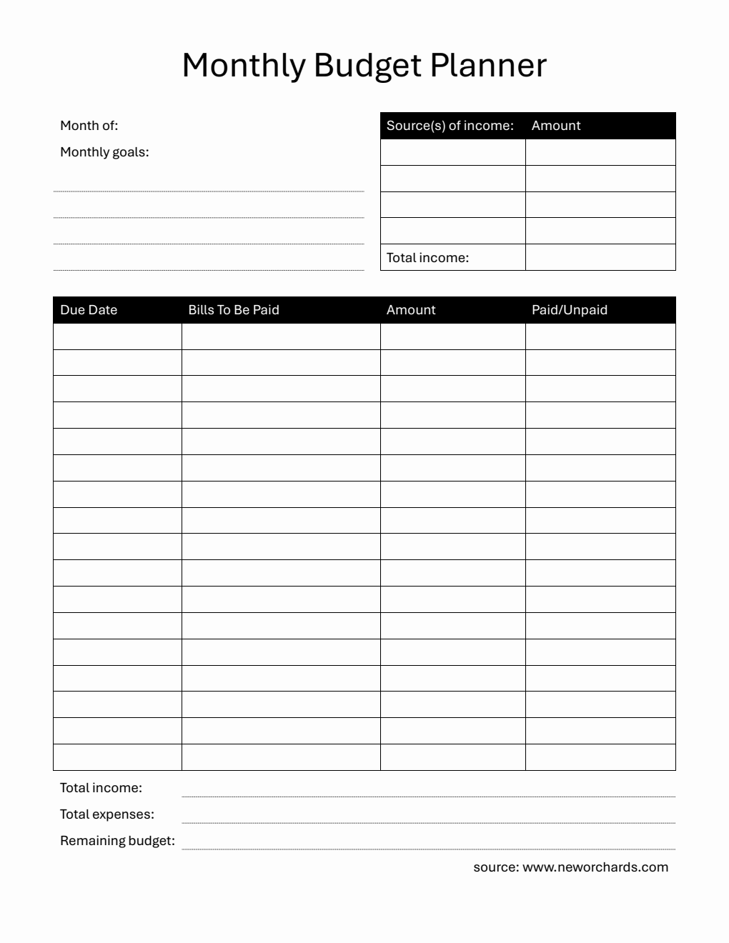 Monthly Budget Planner in Word Format