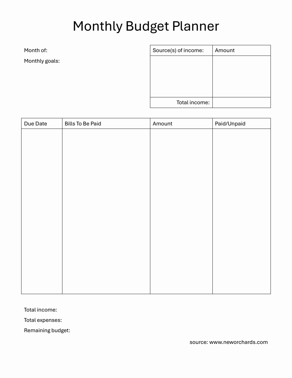 Blank Monthly Budget Planner in PDF Format