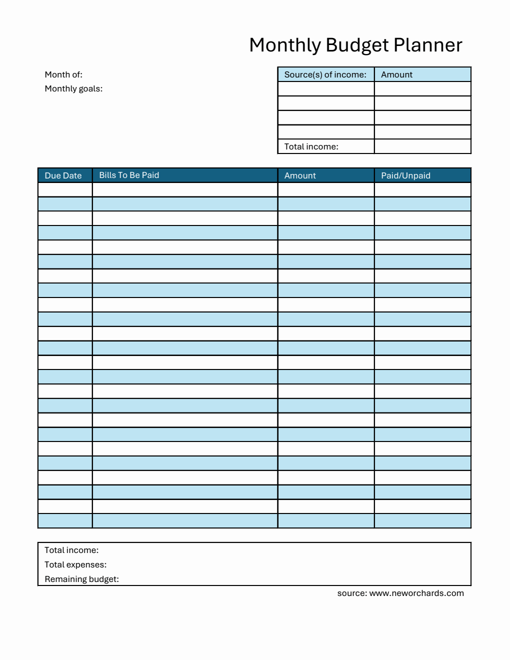 Customizable Monthly Budget Planner in Excel Format