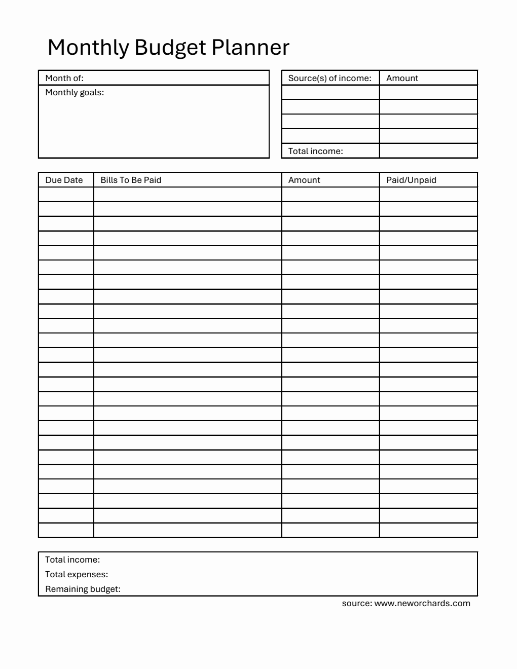 Printable Monthly Budget Planner in Excel Format