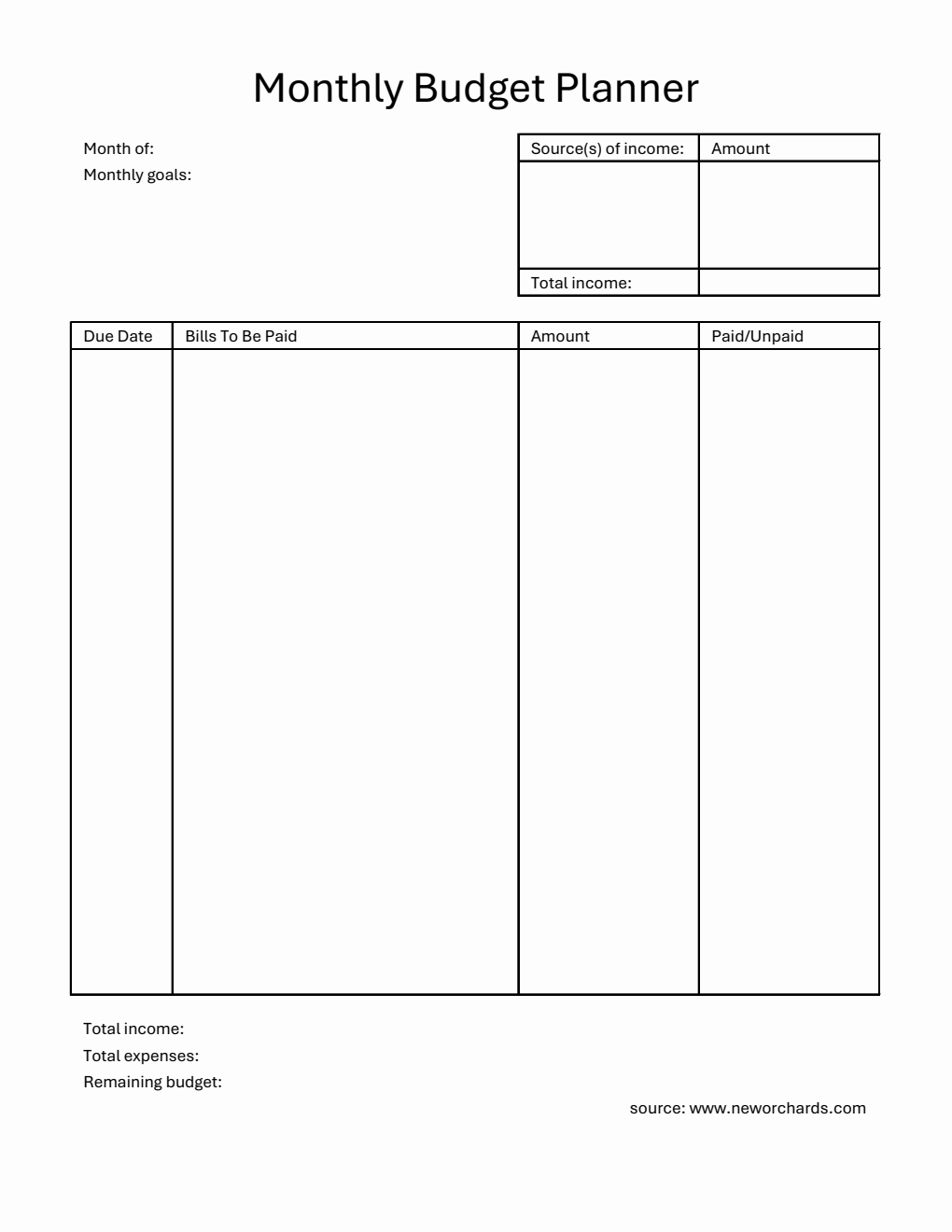 Blank Monthly Budget Planner in Excel Format