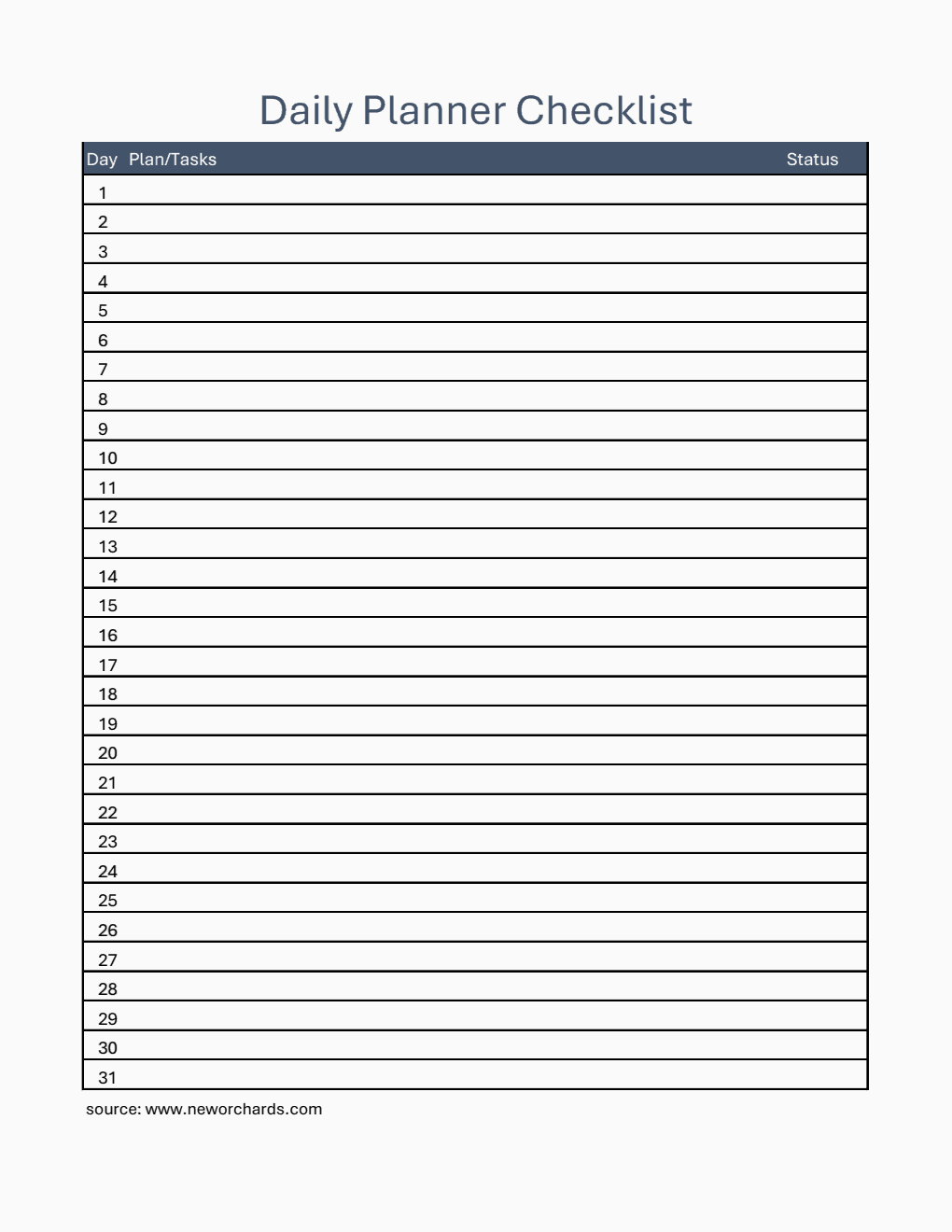 Basic Monthly Checklist Template in Excel