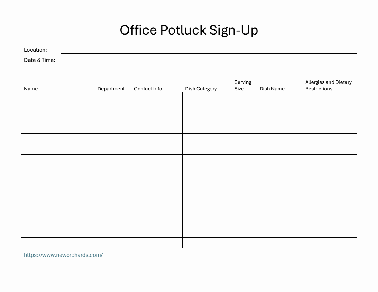 Free Printable Office Potluck Sign-Up Sheet Template in Word