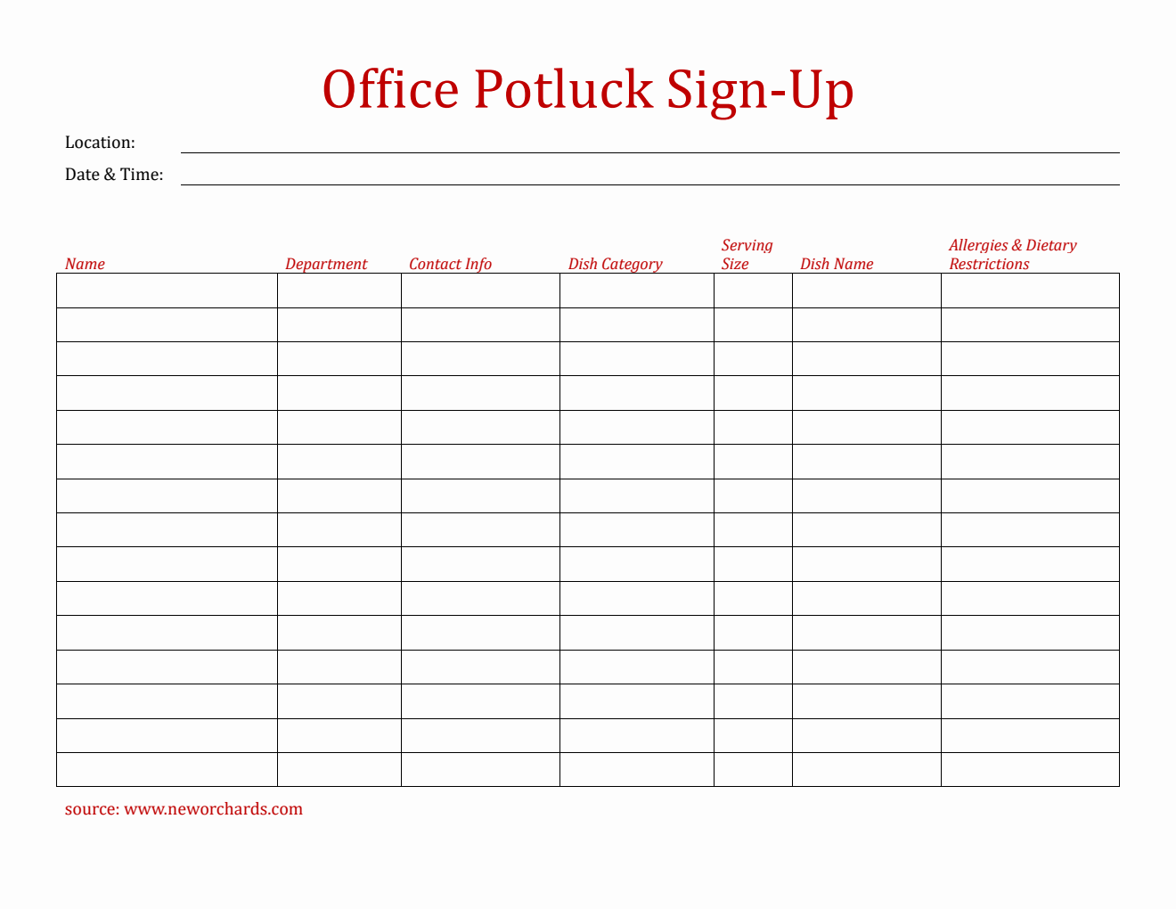 Free Basic Office Potluck Sign-Up Sheet Template in Word