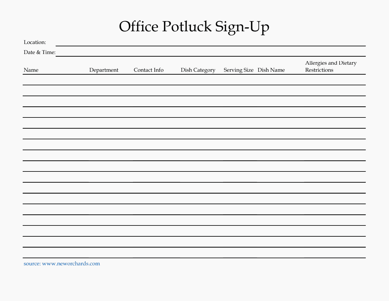 Free Editable Office Potluck Sign-Up Sheet Template in Excel