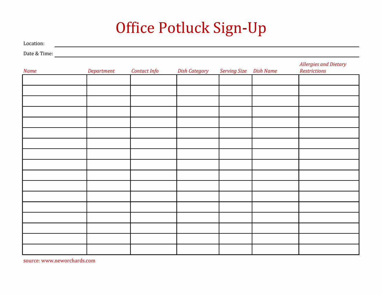 Free Basic Office Potluck Sign-Up Sheet Template in Excel