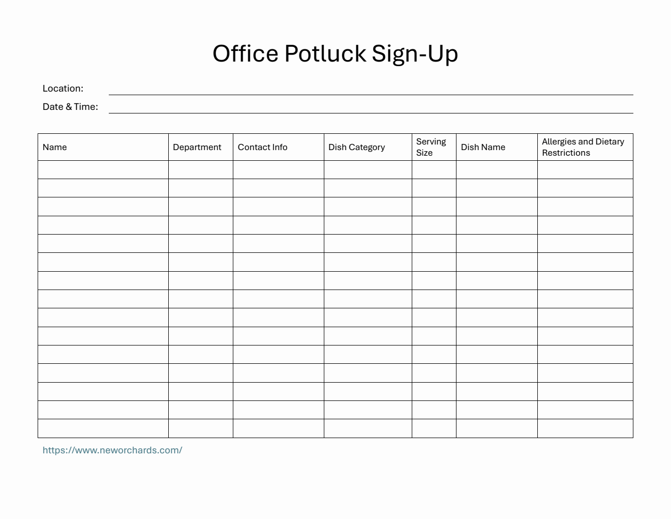 Free Printable Office Potluck Sign-Up Sheet Template in PDF