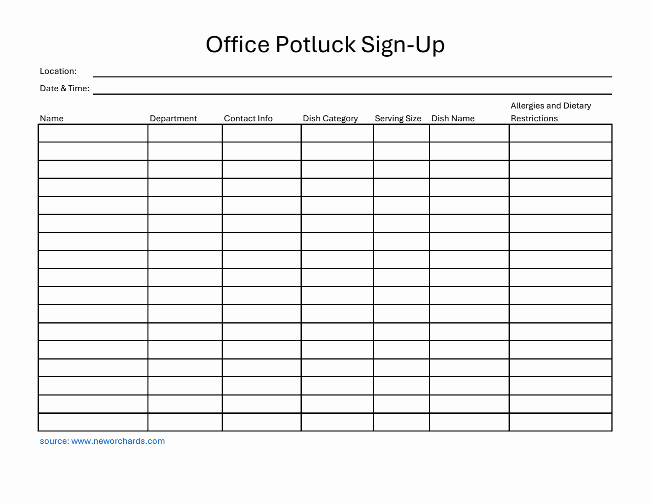 Free Printable Office Potluck Sign-Up Sheet Template in Excel