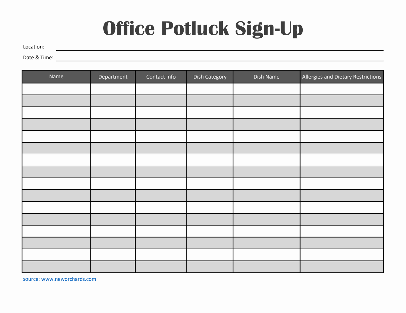 Free Simple Office Potluck Sign-Up Sheet Template in Excel