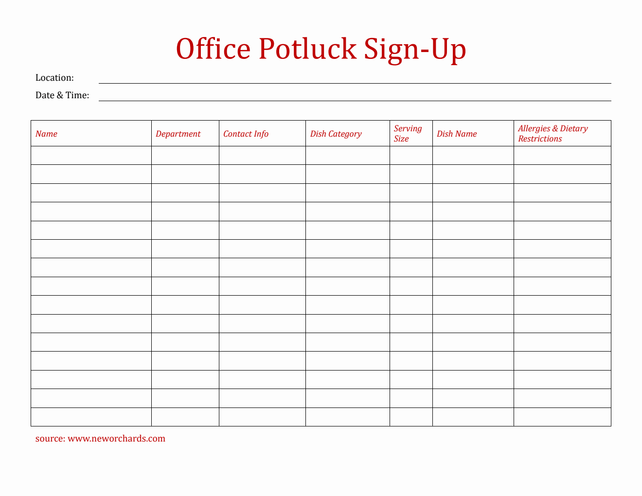 Free Basic Office Potluck Sign-Up Sheet Template in PDF