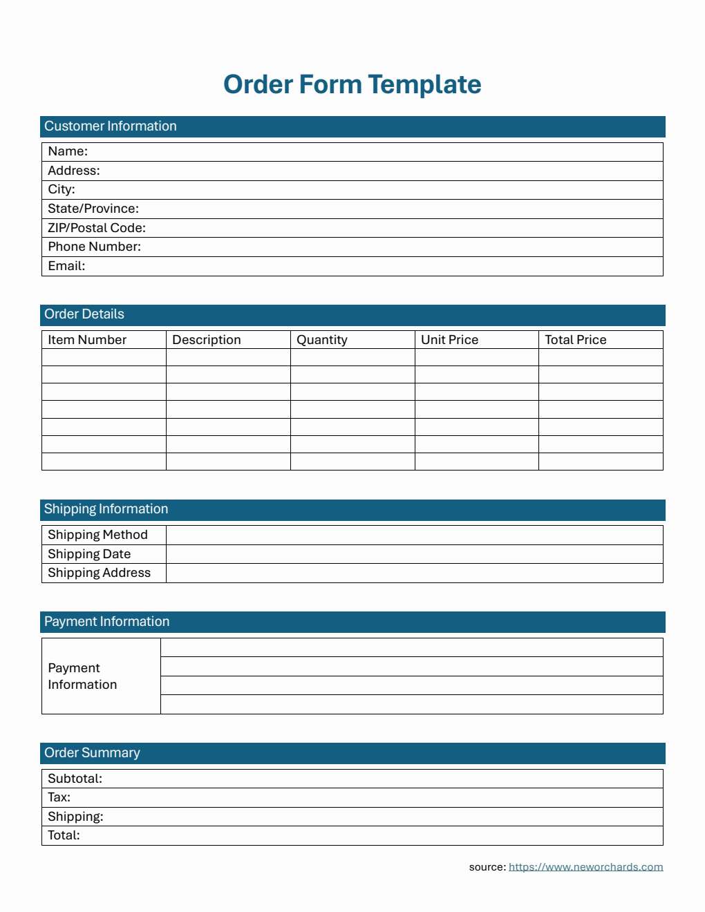 Editable Order Form Template in Word