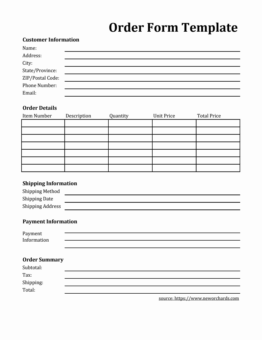 Simple Order Form Template in Excel