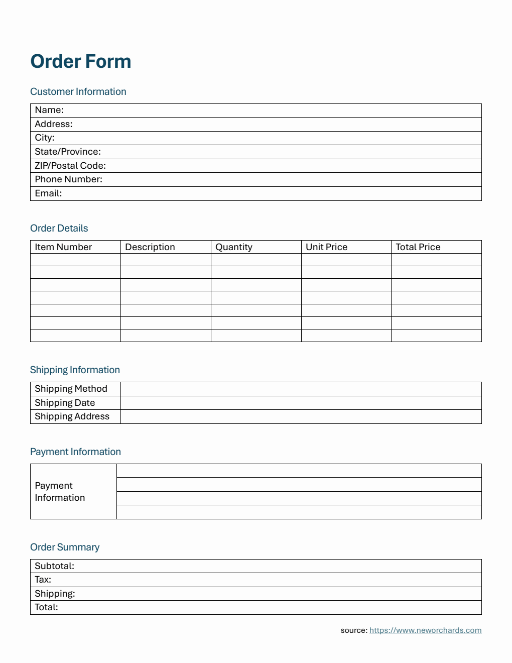 Customizable Order Form Template in PDF