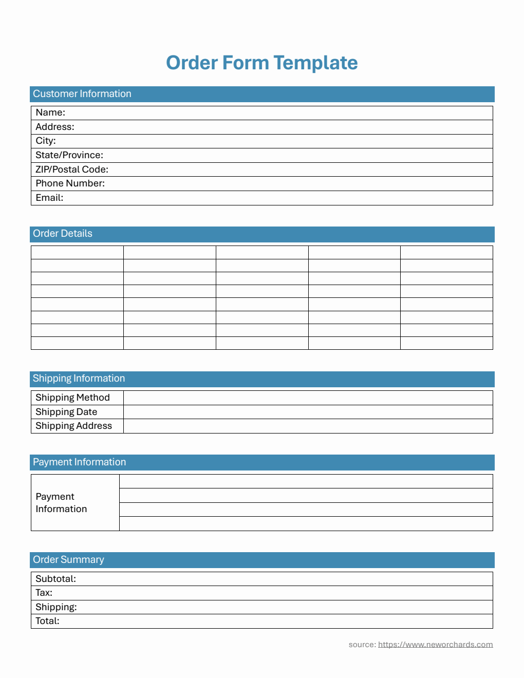 Blank Order Form Template in PDF