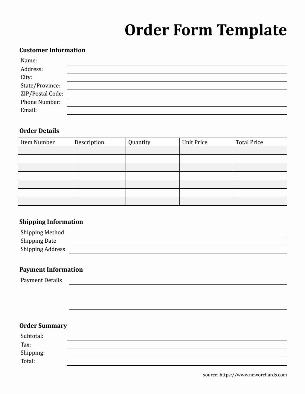 Simple Order Form Template in PDF