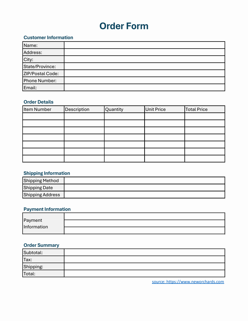 Customizable Order Form Template in Excel