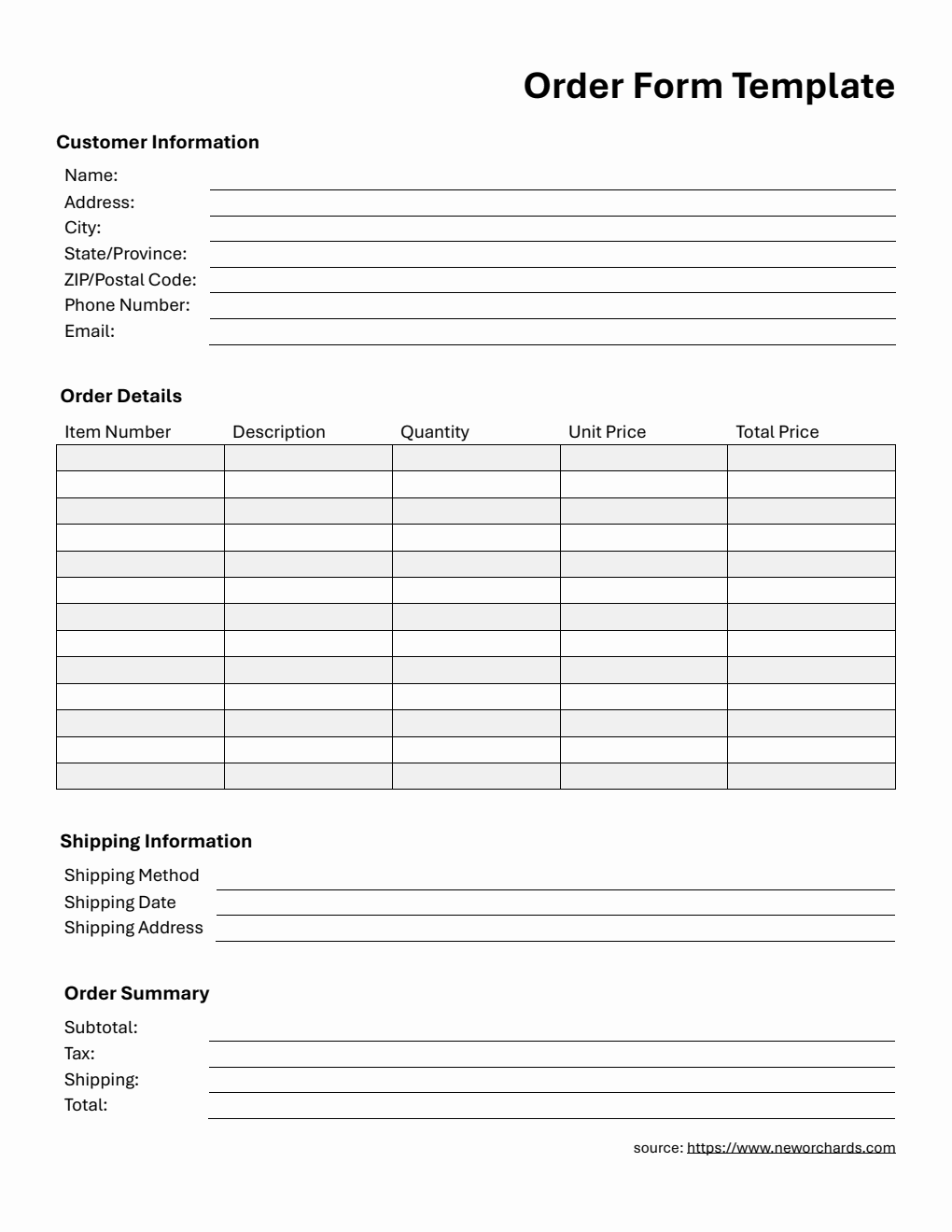 Printable Order Form Template in Word