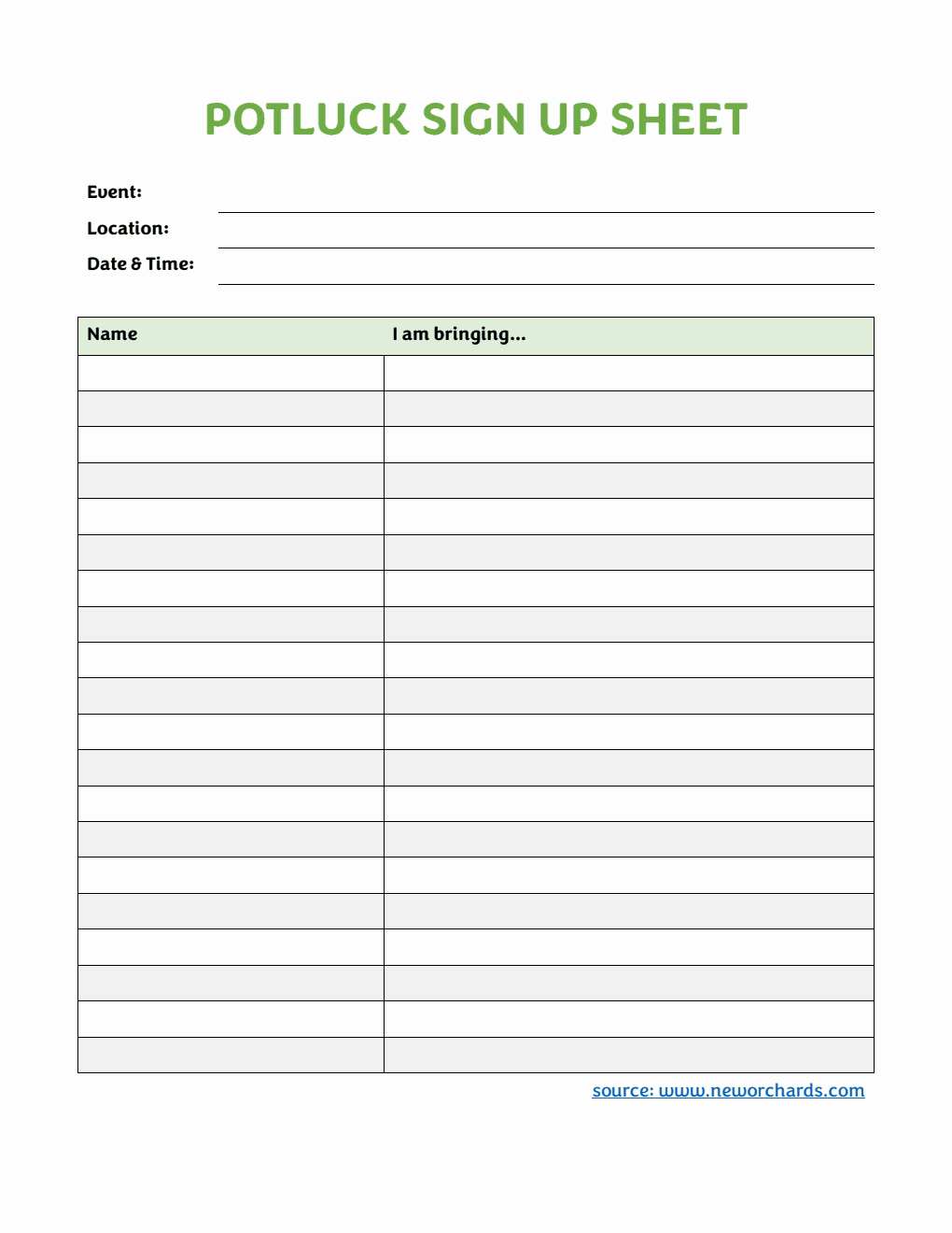 Potluck Sign Up Sheet in PDF (Downloadable)