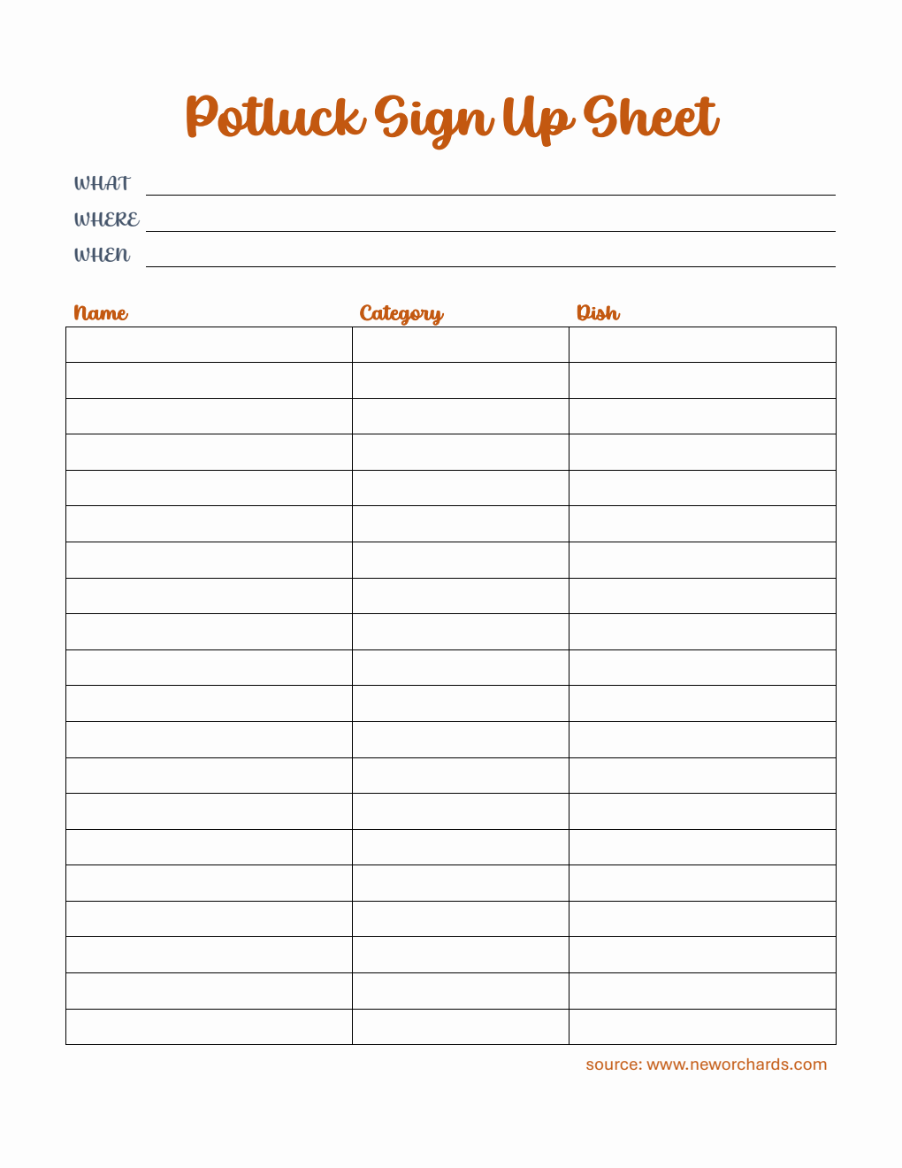 Potluck Sign Up Sheet in Word (Simple)