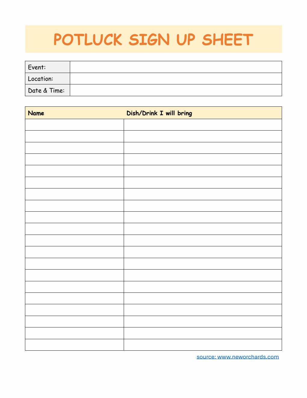 Potluck Sign Up Sheet in Word (Classic)