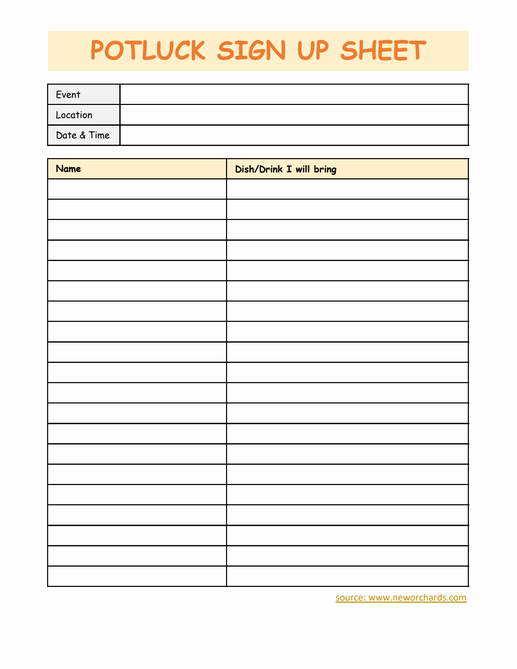 Potluck Sign Up Sheet in Excel (Classic)