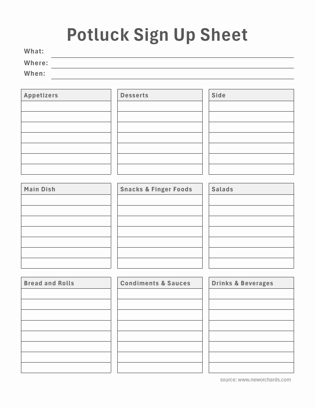 Potluck Sign Up Sheet in PDF (Minimalist)