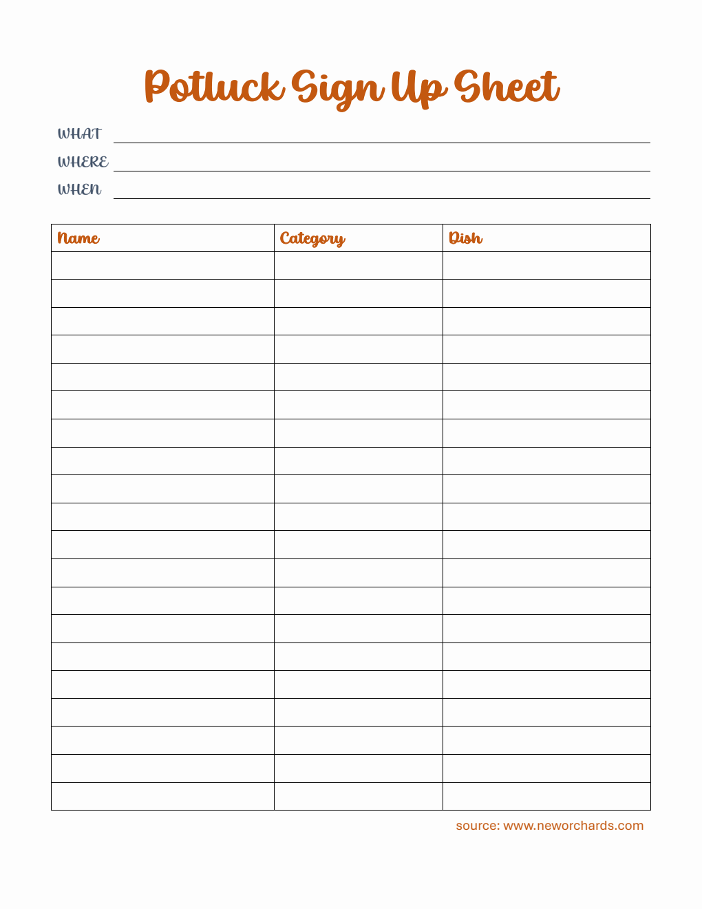 Potluck Sign Up Sheet in PDF (Simple)