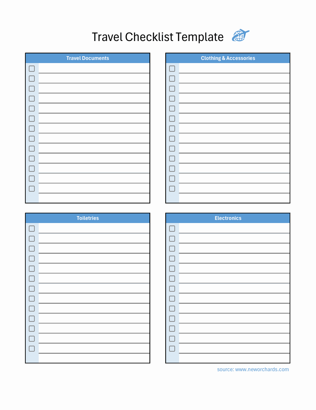 Travel Checklist Template Customizable in Excel